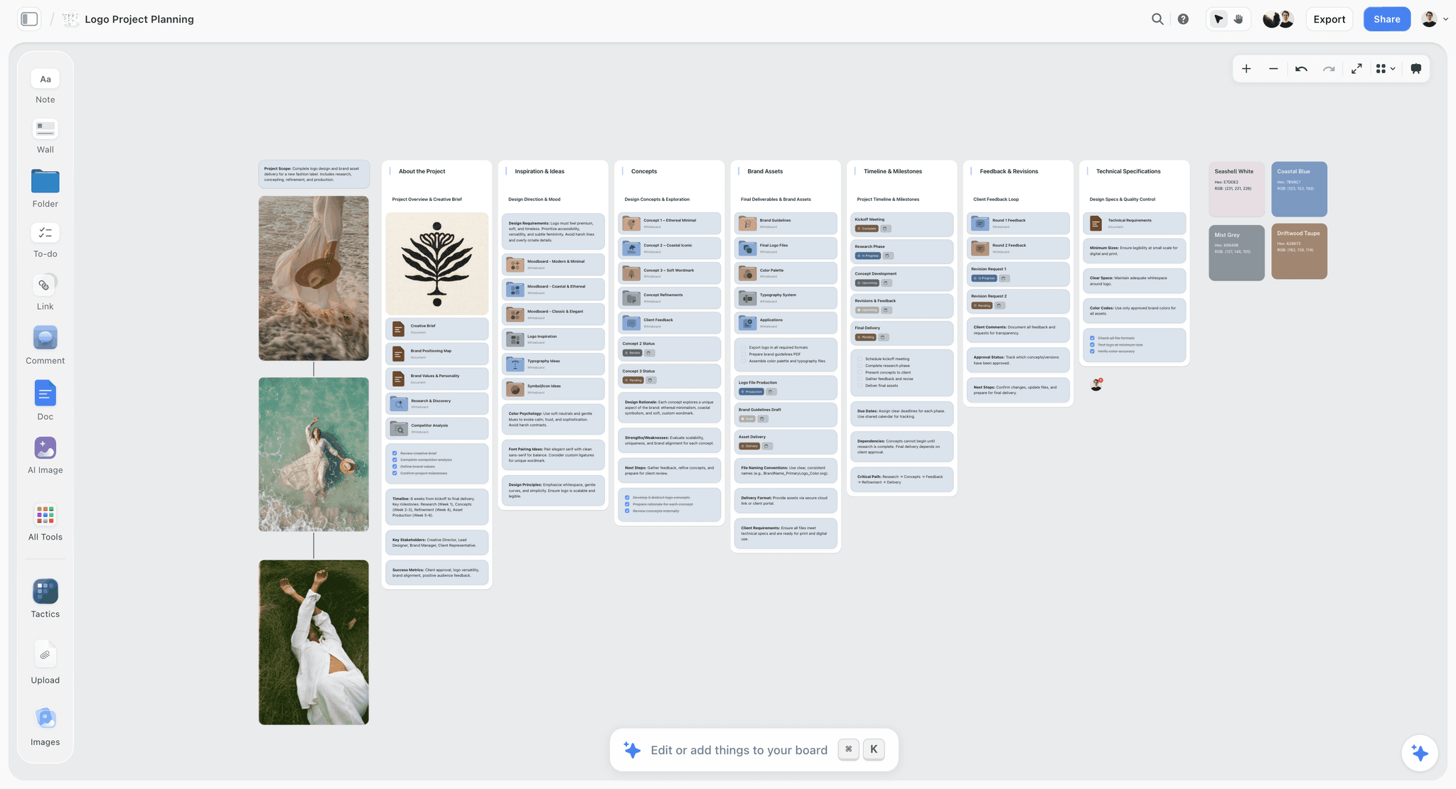 Storyflow canvas holding brand launch positioning territories and reference material