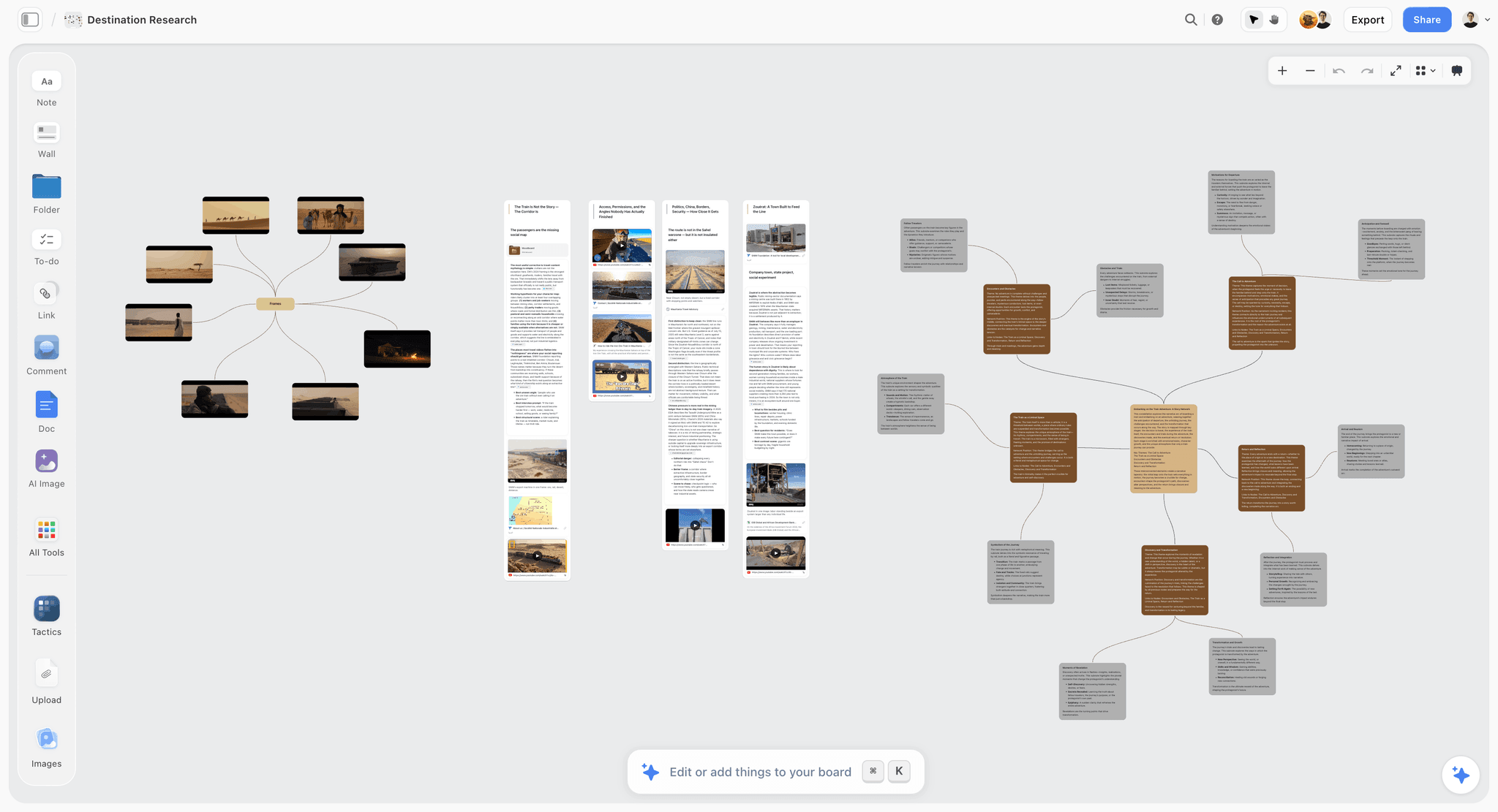 Storyflow visual workspace with a vision board of references grouped by direction on one canvas