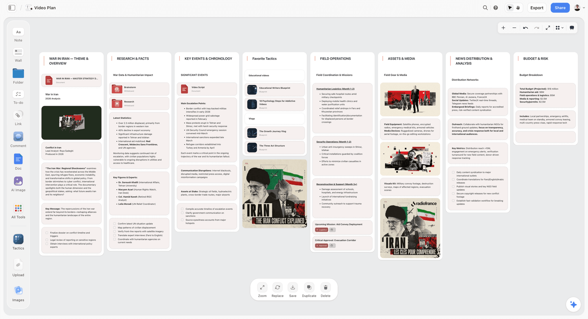 An unsettled project on the Storyflow canvas, with clustered research beside a branching structure that has not been forced into a single hierarchy