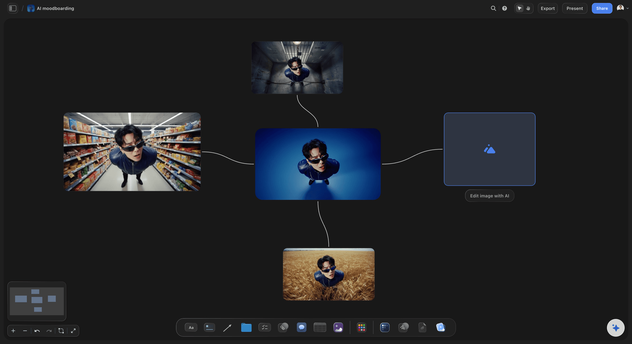 AI image workflow on the Storyflow canvas with prompts, reference images, and generated outputs arranged side by side
