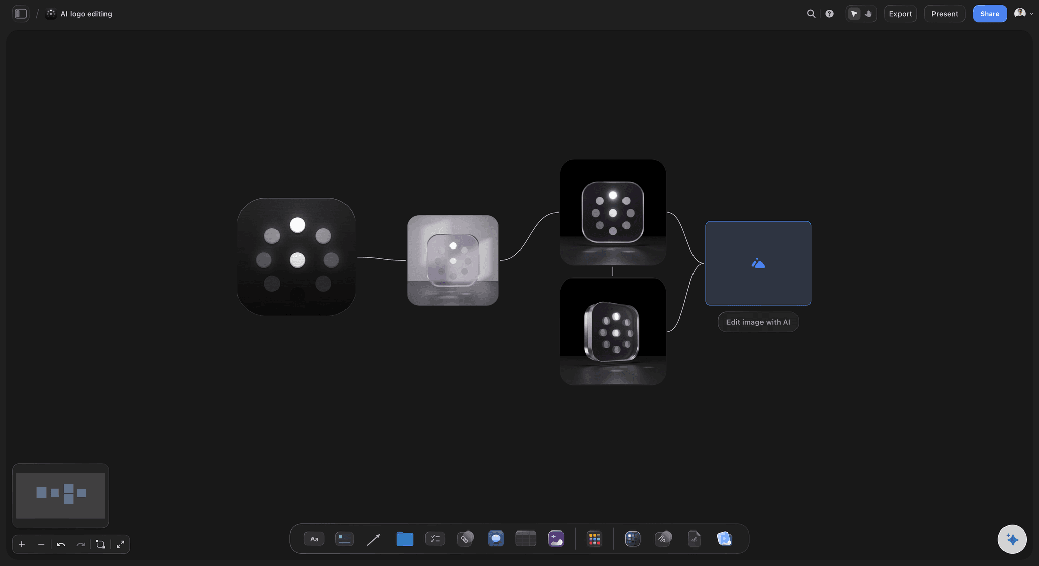 AI logo editing workflow on the Storyflow canvas with the brief, reference marks, prompts, and logo variations arranged together