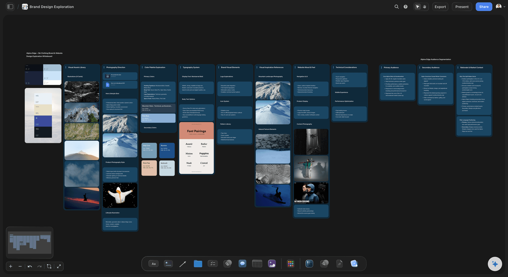 Brand Design Exploration template on the Storyflow canvas, showing logo ideas, color swatches, typography samples, moodboard references, and brand voice notes arranged side by side.