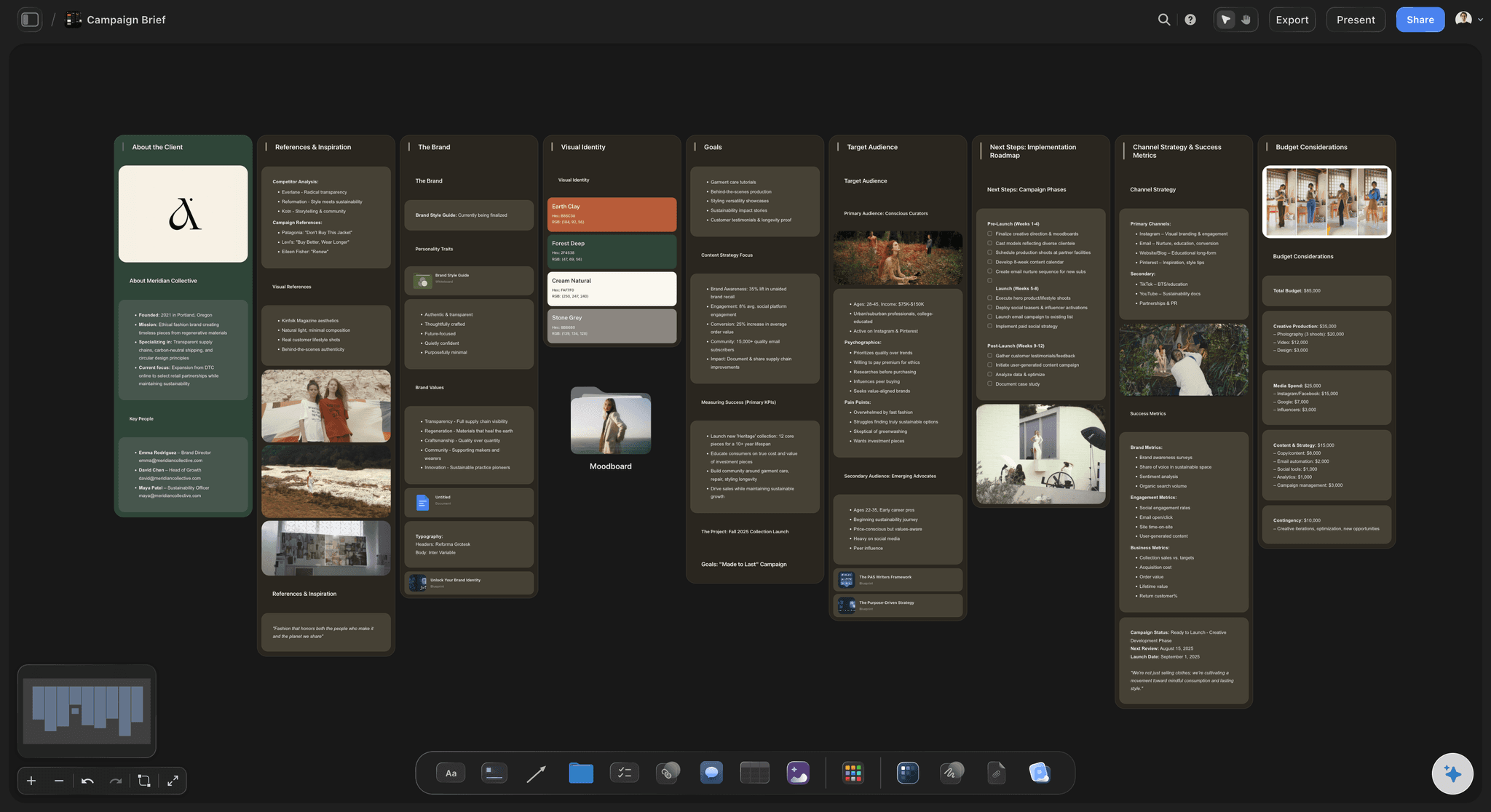 Marketing Campaign Brief template in Storyflow showing goal, audience, message, channels, deliverables, budget, and timeline sections on an infinite canvas