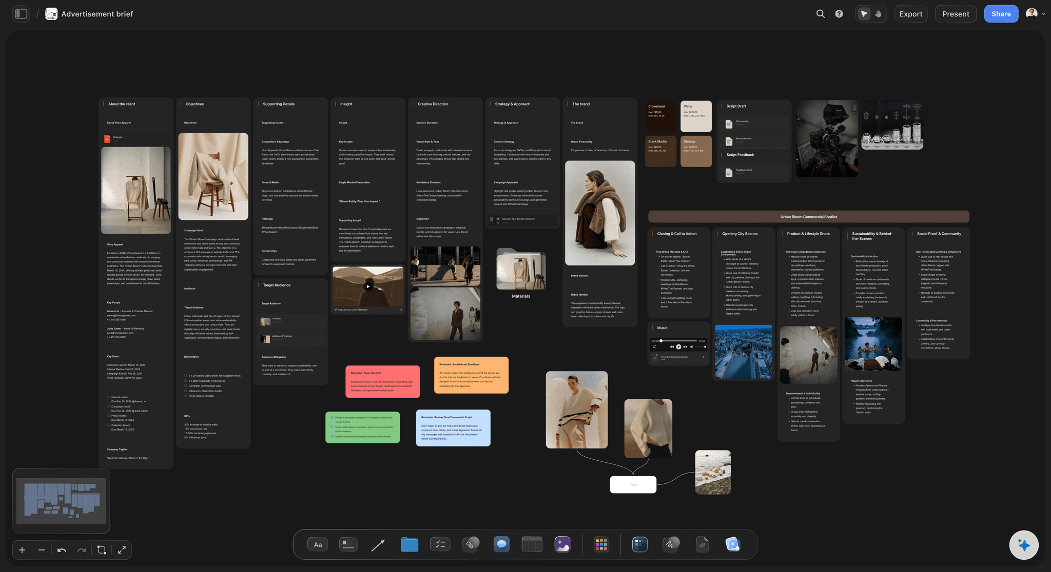 Advertisement brief on the Storyflow canvas with sections for objective, audience, key message, deliverables, and reference material