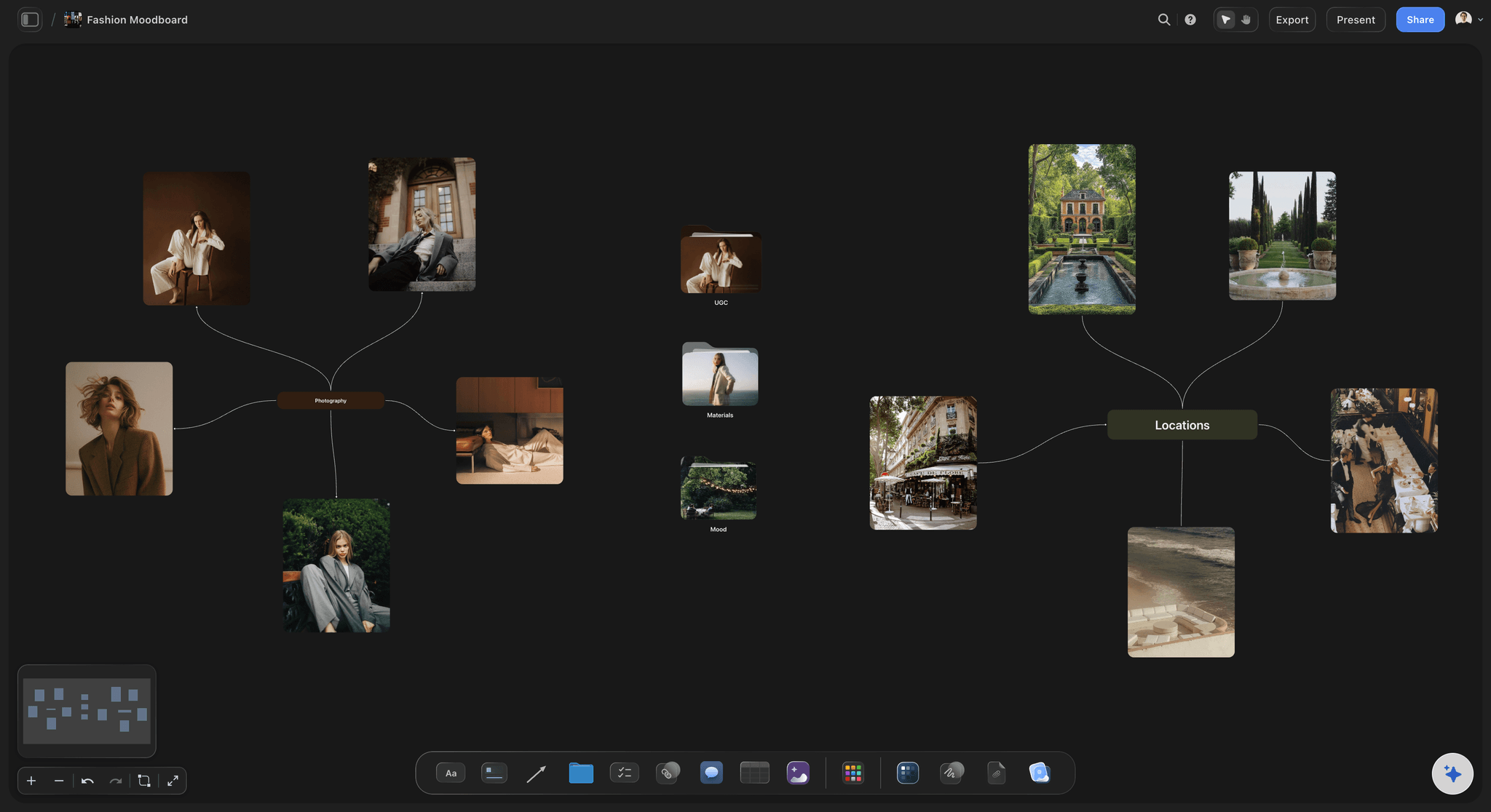 Fashion Moodboard template in Storyflow showing runway reference images, color swatches, fabric textures, and silhouette notes arranged on an infinite canvas
