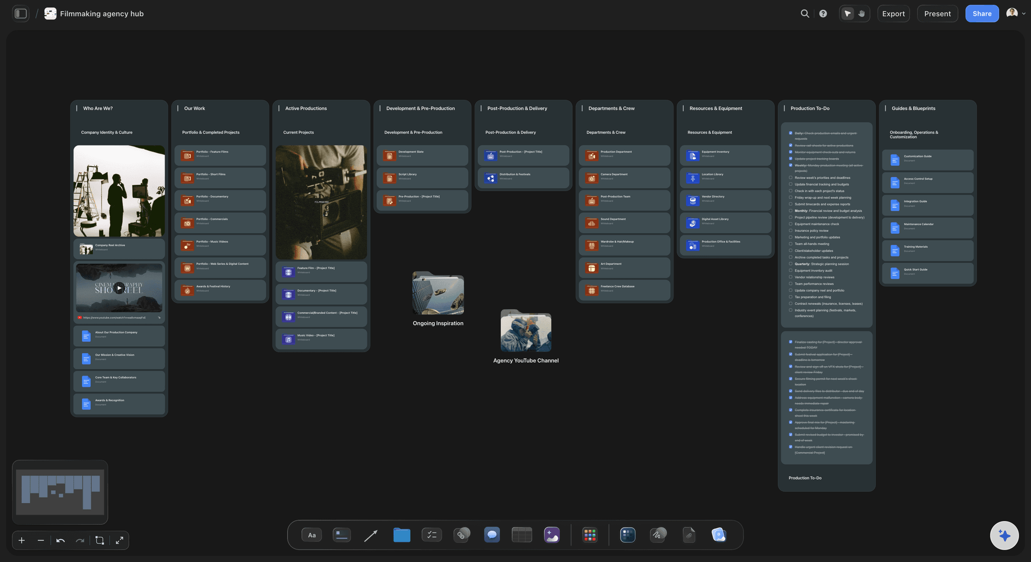 Storyflow Filmmaking Agency Hub template showing a client roster, production lanes, treatment and brief notes, reference stills, and a crew status section on one infinite canvas.