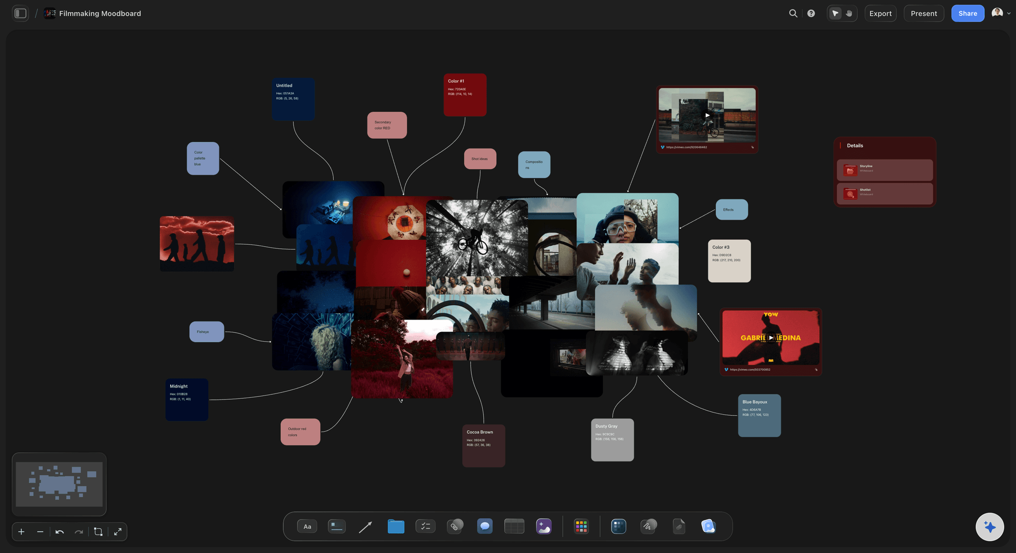 Storyflow Filmmaking Moodboard template on an infinite canvas with film frame grabs, color palette swatches, lighting references, location ideas, and tone notes grouped into sections.