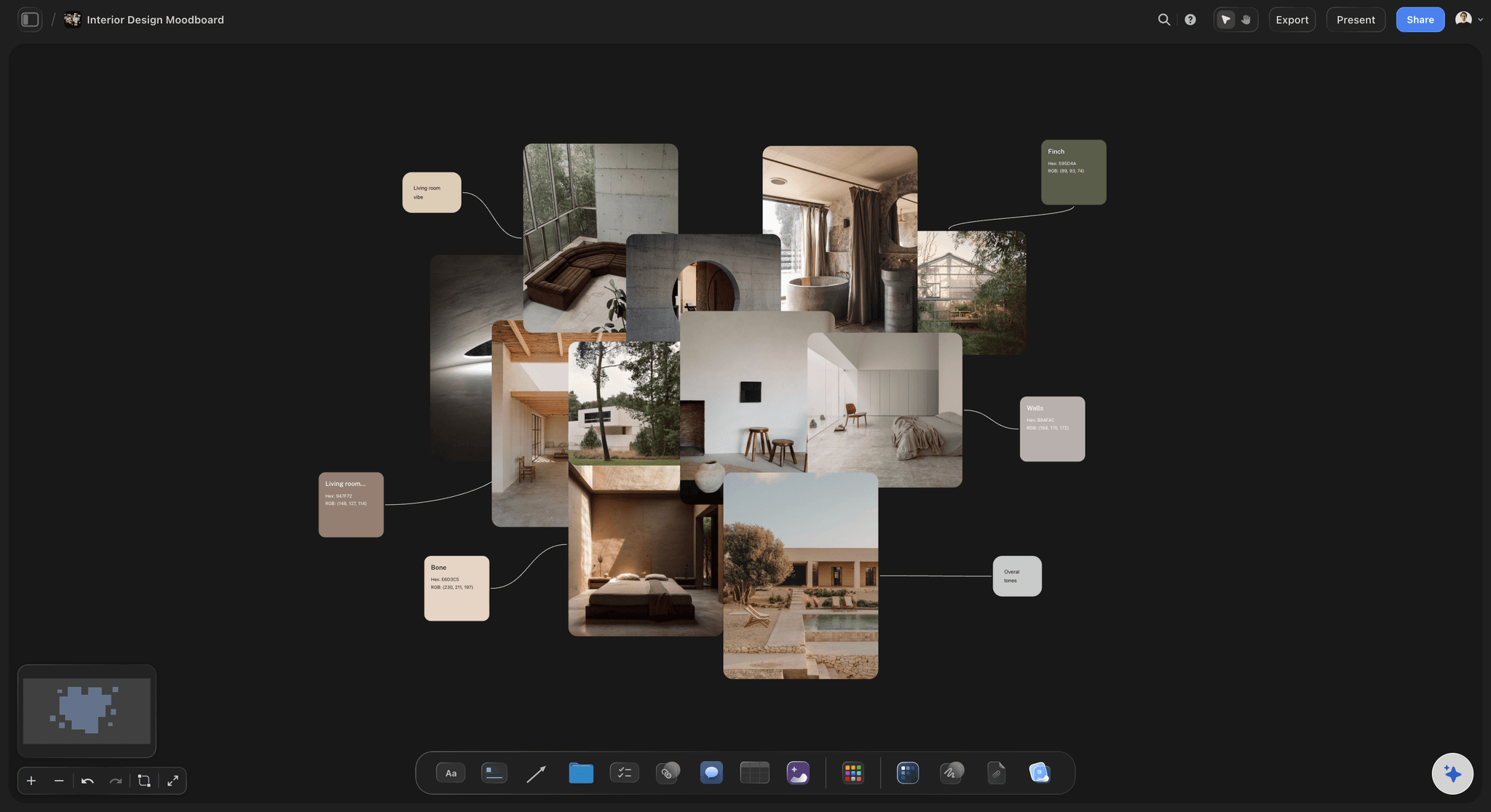 Interior design moodboard on the Storyflow canvas with sections for color palette, materials, furniture, lighting, and a room layout reference