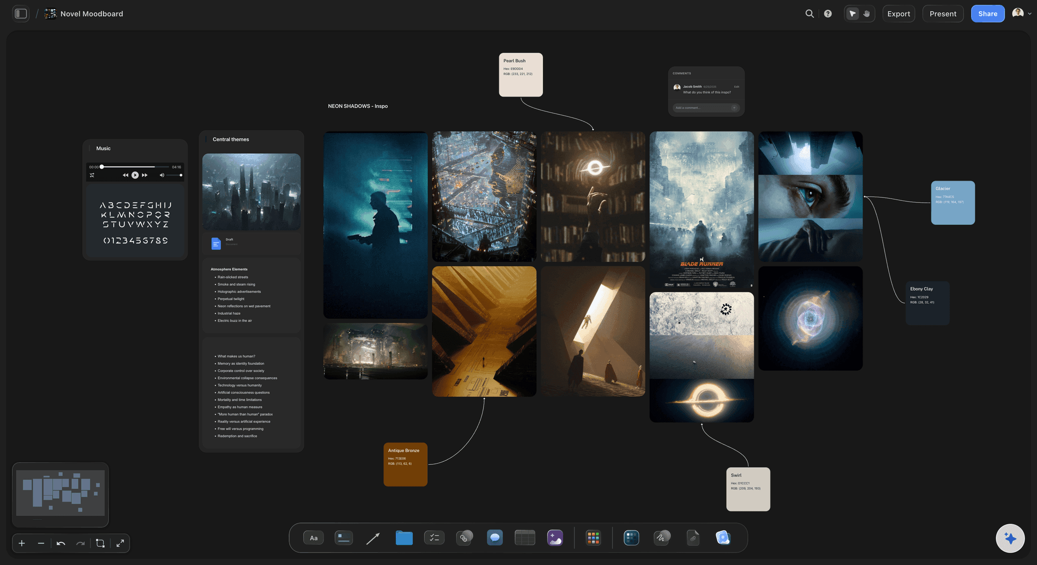 Novel Moodboard template in Storyflow showing zones for characters, settings, mood and color, and themes