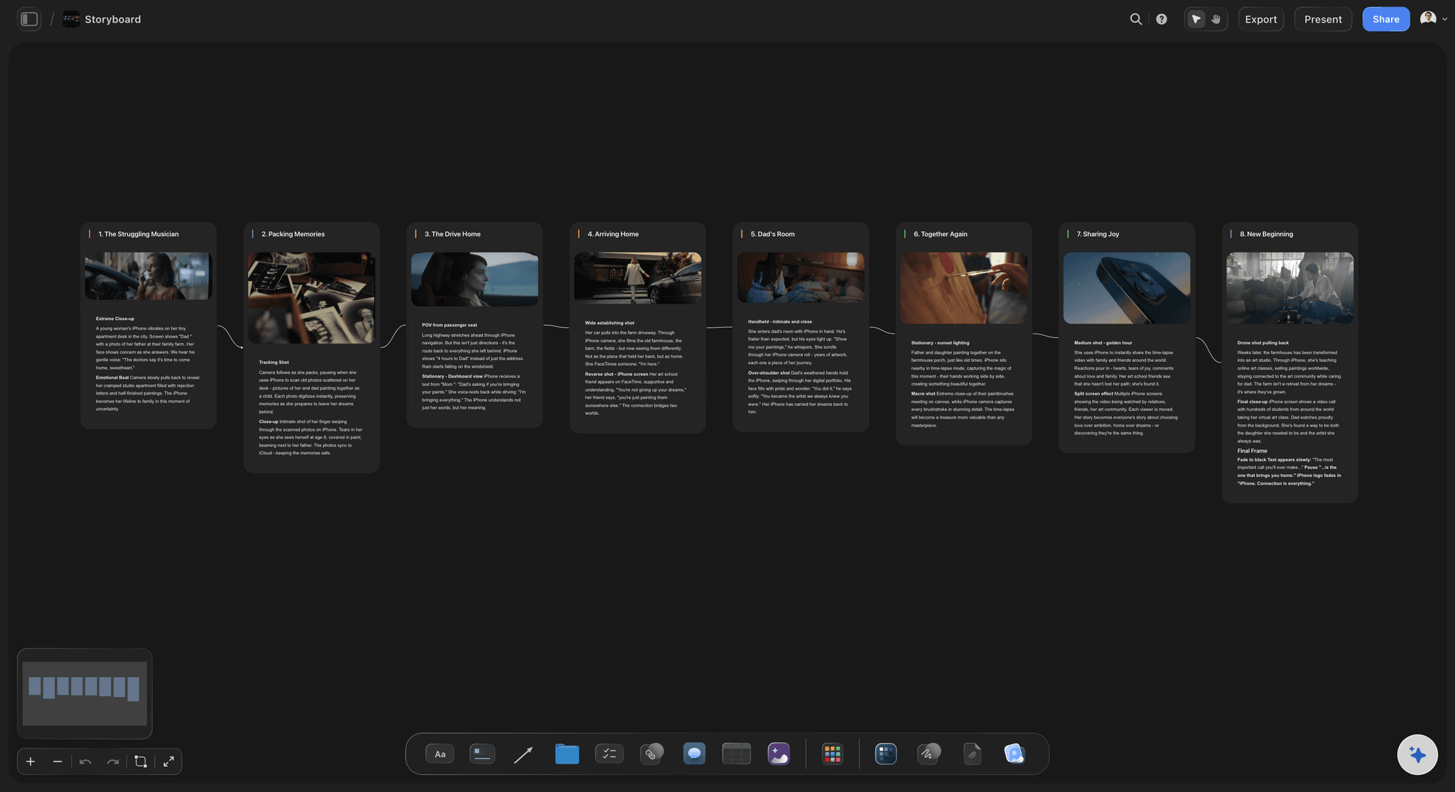 Storyboard template on the Storyflow canvas showing a grid of shot frames with image areas, action captions, and shot detail notes