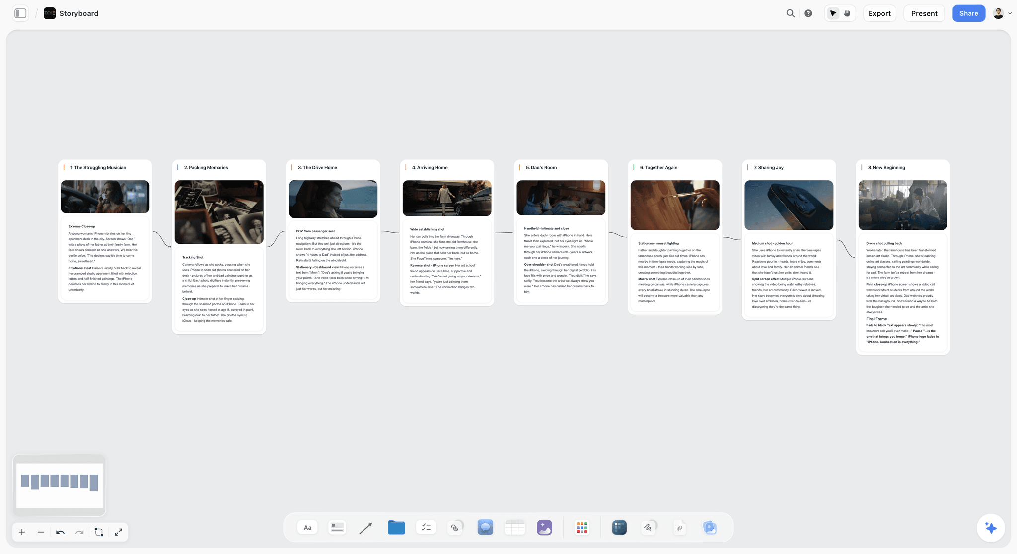 Storyboard and scene-sequence cards on a shared Storyflow canvas, where co-writers can sit beside the script the way WriterDuet supports inside a single document