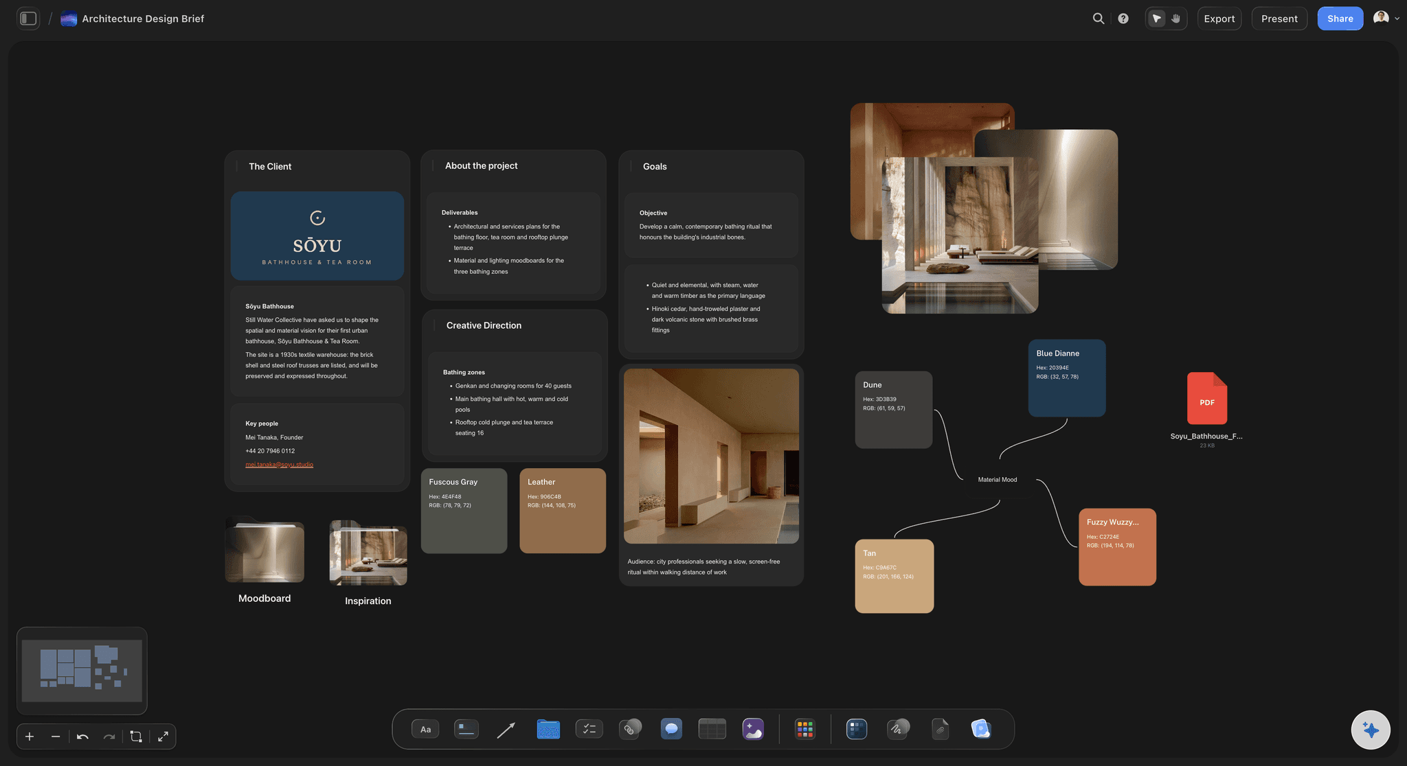 Architecture design brief on the Storyflow canvas with sections for client goals, site context, program, constraints, budget, and references