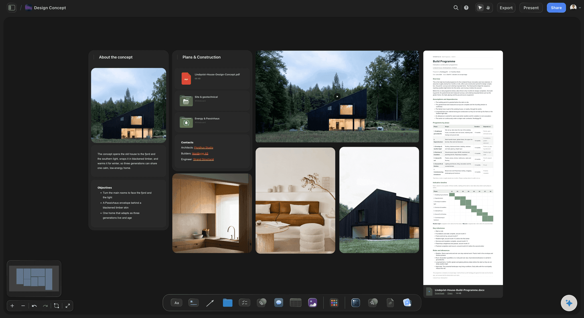 Architecture design concept on the Storyflow canvas with a concept statement, massing sketches, reference images, materials, and design principles