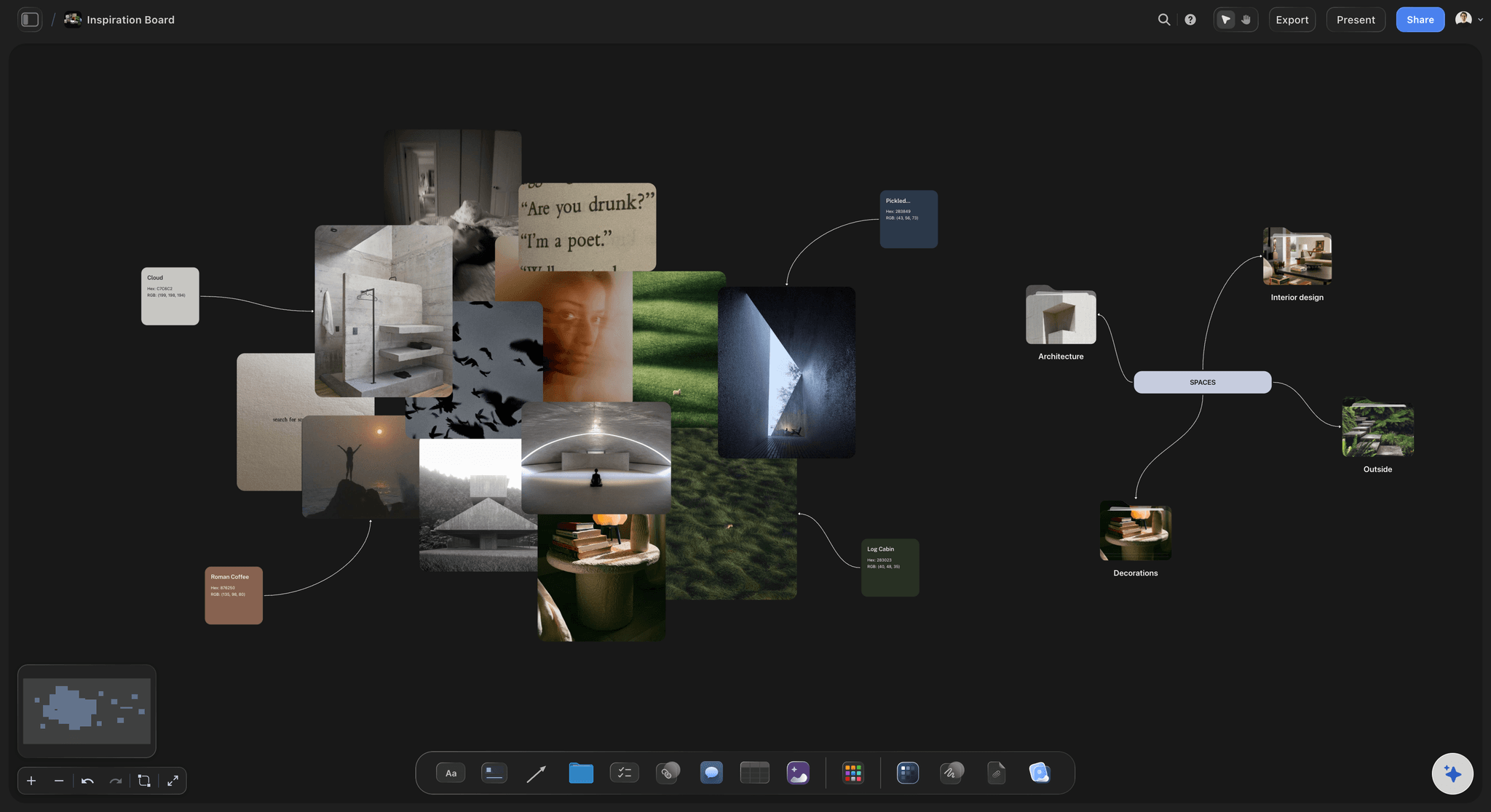 Inspiration Board Architecture template in Storyflow showing grouped precedent images, material textures, and concept notes on an infinite canvas